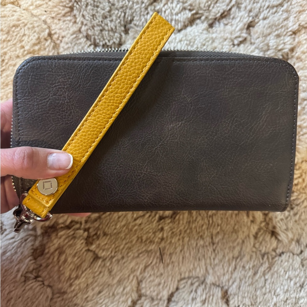 Cocoa Brown faux soft leather Wallet wristlet with detachable Yellow Strap